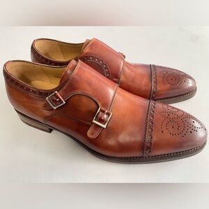Magnanni Double Monk Strap Buckle Slip On Brown Leather Brogue Loafers